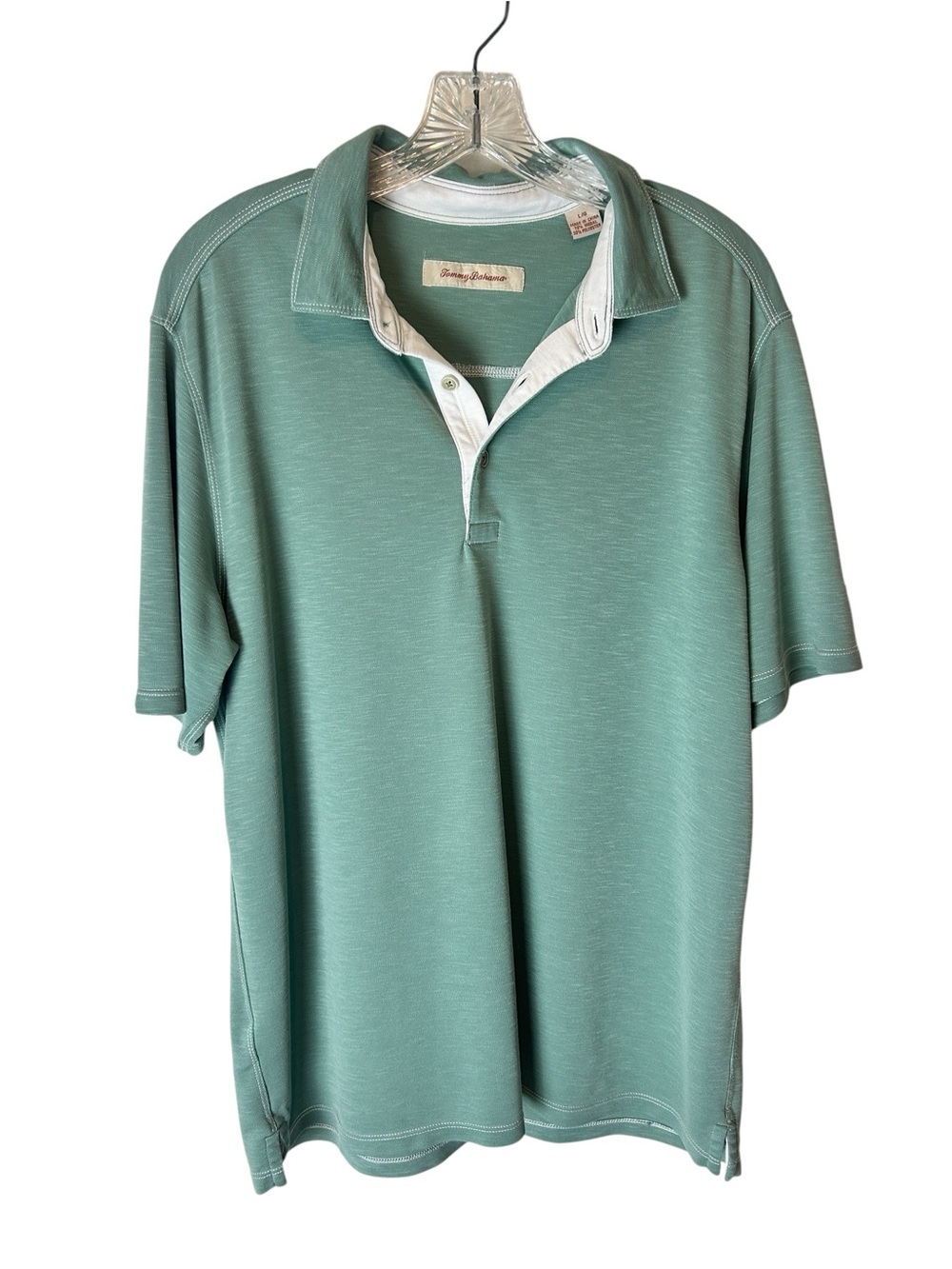 Tommy Bahama Teal Polo Men’s Large White Stitch Classic Casual Cotton Blend Top